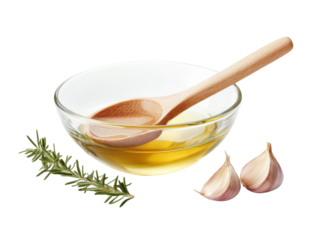 Bowl of Olive Oil with Garlic and Herbs on transparent Background