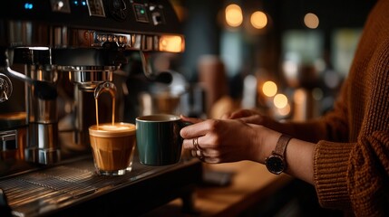 Cozy African American barista preparing espresso drinks at cafe counter