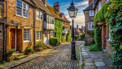Fototapeta premium A cobblestone street in Rye with a classic stone building and a winding path leading to a old-fashioned lamppost , cobblestone, stone building