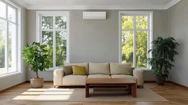 A modern air conditioning unit cools a stylish living room as sunlight pours through large windows, combining comfort, design, and energy efficiency.