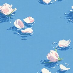 Seamless pattern of water with white sakura petals, moiré shading, prismatic dew, and colored pencil texture