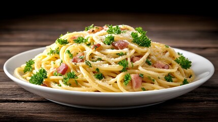 A plate of spaghetti carbonara with bacon parsley and cheese dusting on a dark table under spot lights with empty banner area