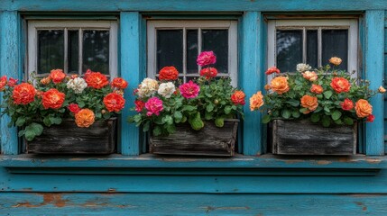 Fototapeta premium Colorful window boxes with blooming roses on a teal-painted wooden house