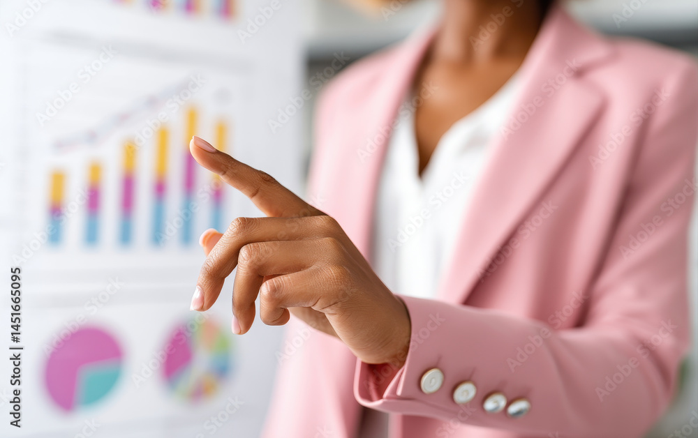 Aufkleber female leader is pointing at wall chart displaying various graphs and data visualizations, showcasin