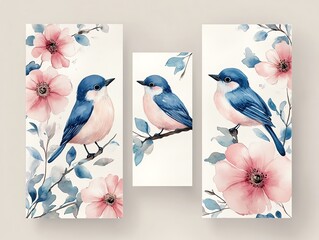 Pink flowers blue birds watercolor painting