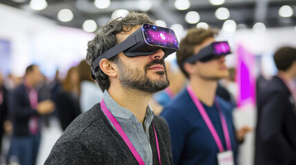 Men wearing virtual reality headsets at tech event, exploring immersive experiences with excitement and curiosity