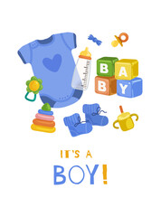 Set of illustrations with clothes and toys for a little boy with a drinking cup, rattle on a white background