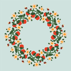 Cute wreath of blooming strawberries flowers. Vector illustration