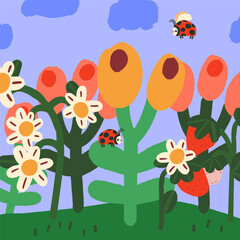 Cute ladybugs flies around strawberries and flowers. Template for a postcard, poster