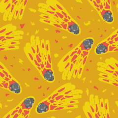 Seamless pattern with comets on a bright yellow background, vector illustration