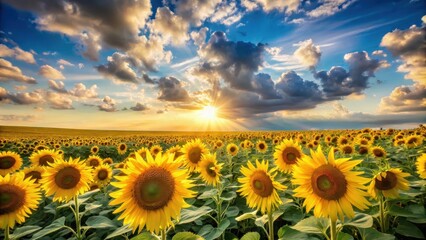 Fototapeta premium Softly glowing clouds drift lazily across a field of yellow tournesols on a warm summer day, sky, landscape