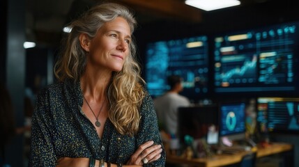 Confident mature woman reflecting in tech office