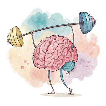 Creative watercolor illustration of a brain lifting weights in a pastel background