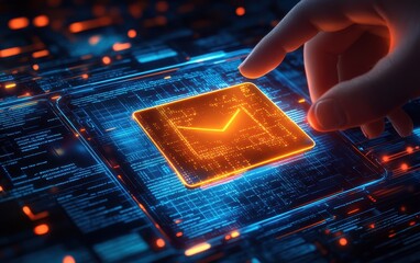 Email icon hovering over a digital circuit board. A hand touches the glowing icon