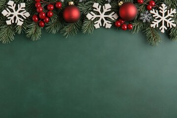 Festive Christmas border of pine sprigs, red ornaments, and snowflakes on a dark green backdrop