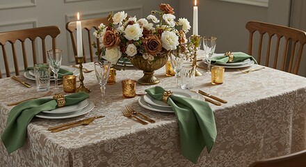 A formal dining arrangement includes a floral centerpiece, golden tableware, and green napkins on a decorated table.