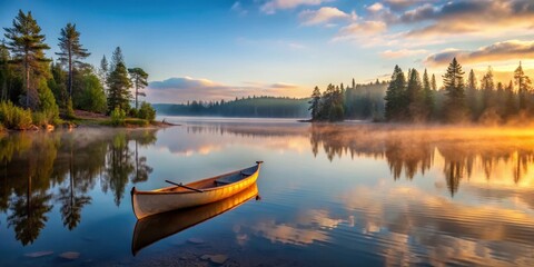 Obraz premium Canoe on the shore of the Boundary Waters in northern Minnesota landscape at dawn with mist rising from lake surface and trees reflected in calm water, lakeshore, waterscapes