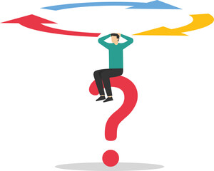 Business direction, make decision for career path or business growth, choice concept, confused businessman with two arrows pointing in different directions stock illustration


