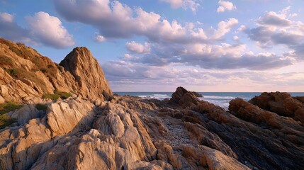Obraz premium The unique rock formations along the coastal cliff reveal ancient layers of history, bathed in the warm glow of the sunset.