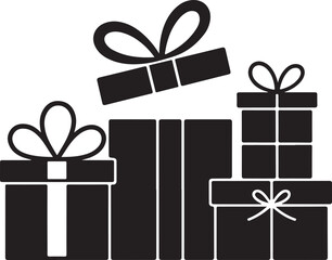 Black Gift Box Silhouettes Clipart – Square Box, Ribbon-Tied Present, Open Box, Stacked Gifts, Holiday and Birthday Theme

