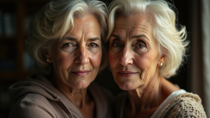 Intimate family scene showing a close relationship between aging mother and grown daughter. Ideal for themes of family care and connection.