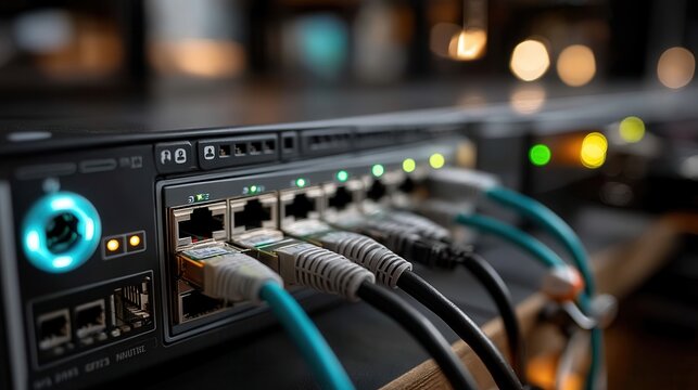 Technical Network Server with Connected Ethernet Cables in Data Center