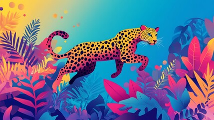 Fototapeta premium Leopard leaping jungle vibrant art.