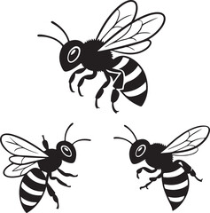 Black Bee Silhouettes Clipart – Flying Bee, Honey Bee, Insect Vector Set

