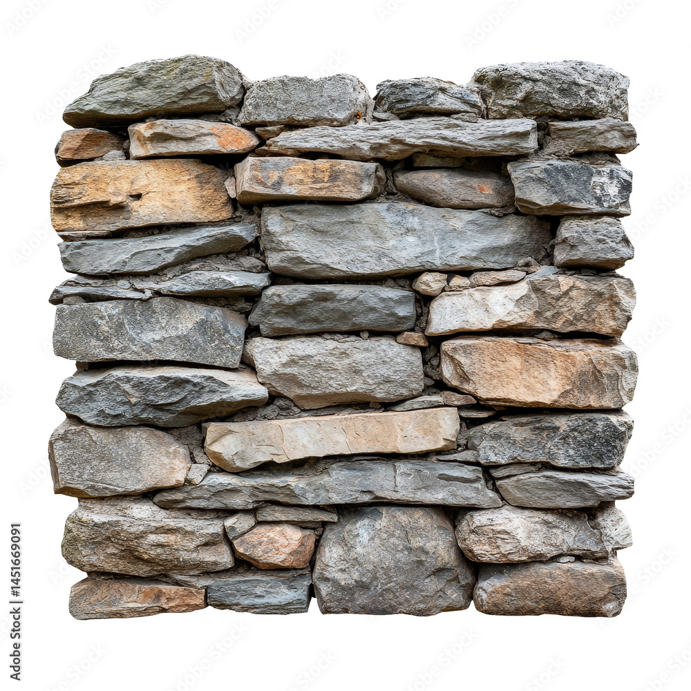 Poster old stone wall with rustic texture isolated on a transparent background, old stonewall isolated on t