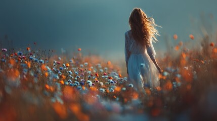 Rückansicht einer Frau im weißen Kleid in einem Blumenfeld bei Sonnenuntergang
