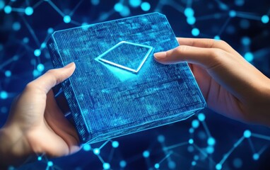 Hands holding glowing digital cube,  diamond shape icon.  Network connection background