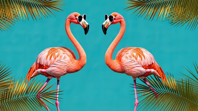 Flamingo pair dancing gracefully amidst tropical palm leaves