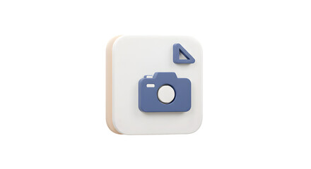 Minimalist camera app icon on light beige rounded square background, navy blue photo device with flash indicator, simplified photography interface button for mobile imaging applications