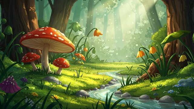 Animated Pixelated Forest Landscape Featuring Mushrooms Stream and Green Grass with Sunlight