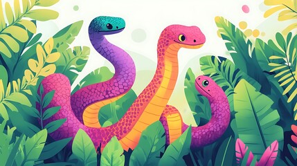 Obraz premium Colorful Snakes in Lush Jungle.