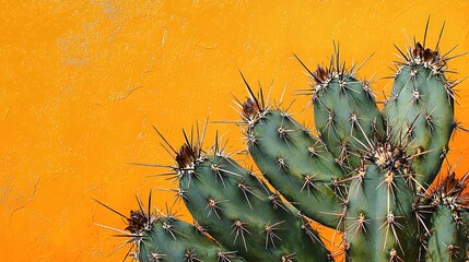 Green Cactus Against Bright Orange Textured Wall Background