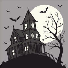 Spooky Haunted House with Full Moon and Flying Bats &ndash; Halloween Night Vector Illustration