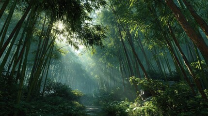 Fototapeta premium 7. A misty bamboo forest with soft sunlight rays, lush greens and natural textures, tranquil and realistic