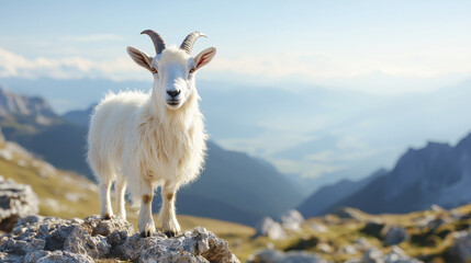 Obraz premium mountain goat stands calmly on rocky terrain, showcasing its fluffy white fur and majestic horns against stunning landscape