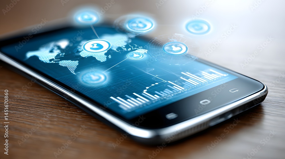 Aufkleber a professional setup with a smartphone displaying pastel social media icons and new data analytics v