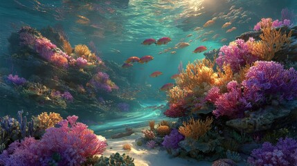 Naklejka premium 9. A vibrant coral reef underwater, colorful fish and swaying plants, crystal-clear water, hyper-detailed