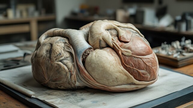 Highly detailed realistic human heart model lying on a white surface with blurred laboratory tools in the background for medical study and anatomical illustration purposes