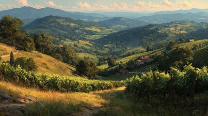 Fototapeta premium 11. A rolling vineyard at sunset, golden light over green hills, romantic and serene, photorealistic