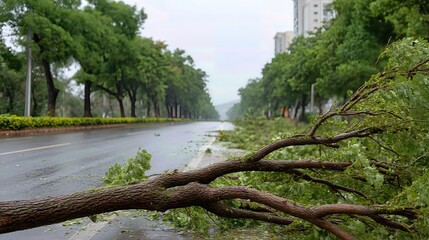 A fallen tree branch lies across the road after the storm, blocking traffic and showing the extent of hurricane damage to the city’s streets.
