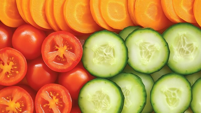 Sliced Vegetables Carrots with Tomatoes, and Cucumbers.