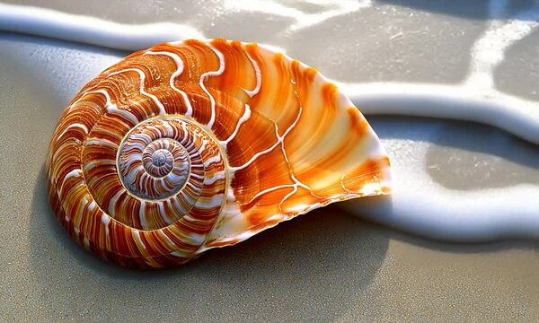 A vibrant seashell partially submerged in gentle ocean waves on a sandy beach at sunset
