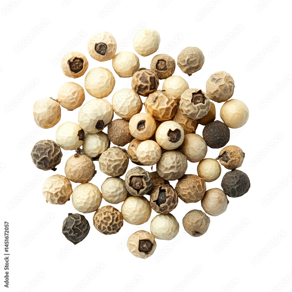 Poster a variety of transparent peppercorns displayed on a clean transparent background highlighting their 