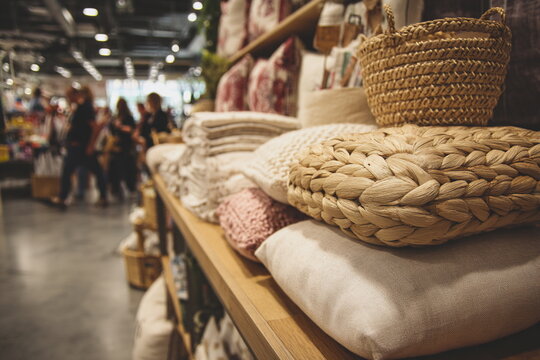 Folded blankets and textured throws in warm tones arranged on a market stand, surrounded by baskets and soft lighting. A cozy visual perfect for interior or seasonal promotions.

 - Powered by Adobe