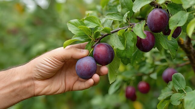 A farmer carefully picks ripe plums from the tree, his hands steady and skilled.


