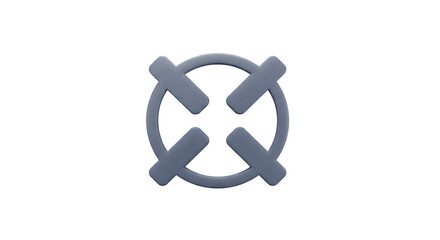Slate gray circular crosshair with X mark intersection, metallic targeting reticle with cross points, pewter focus point symbol for precision and cancellation in gaming and application interfaces